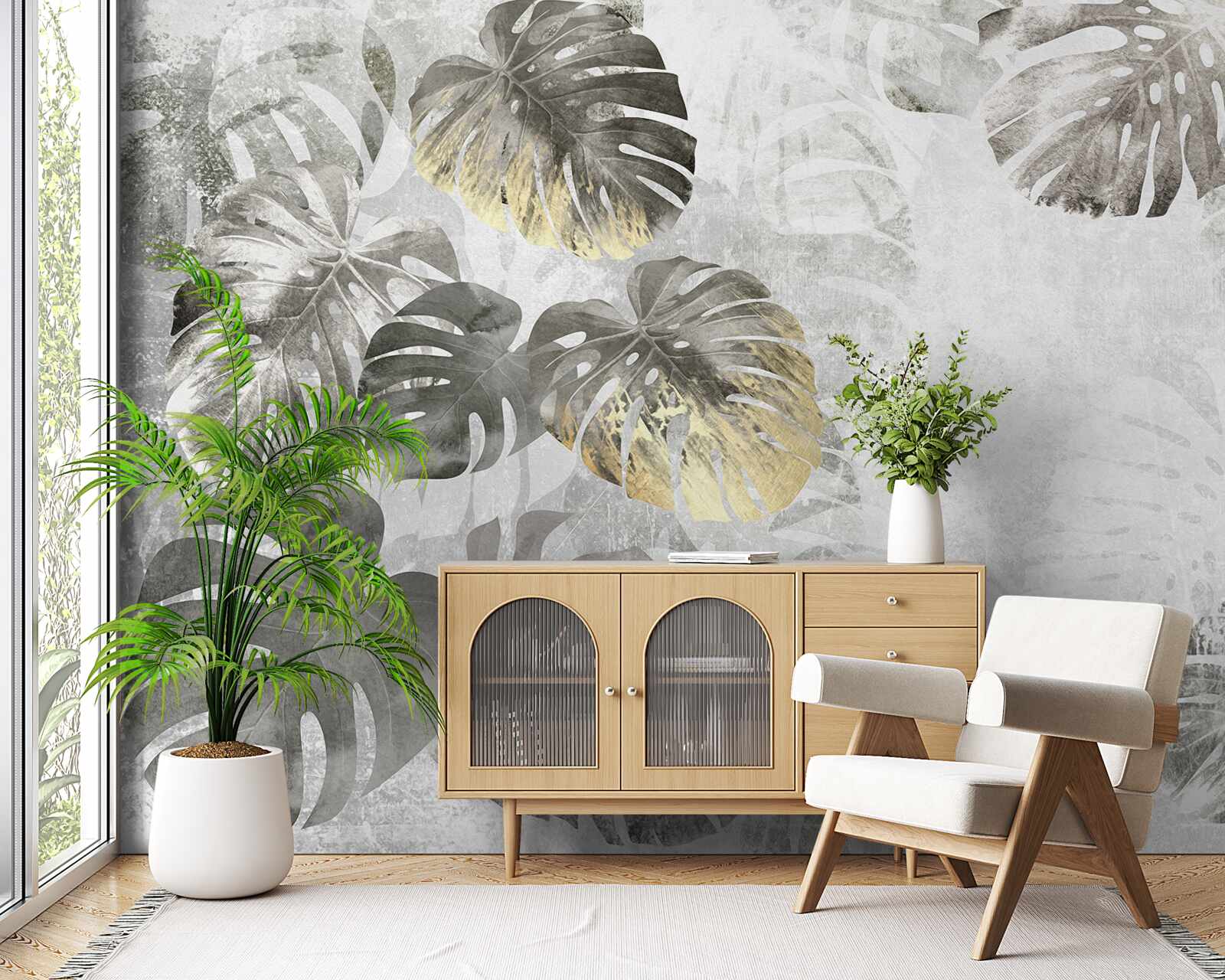 Fototapeta veľkoformátové listy monstera medzi hmlou