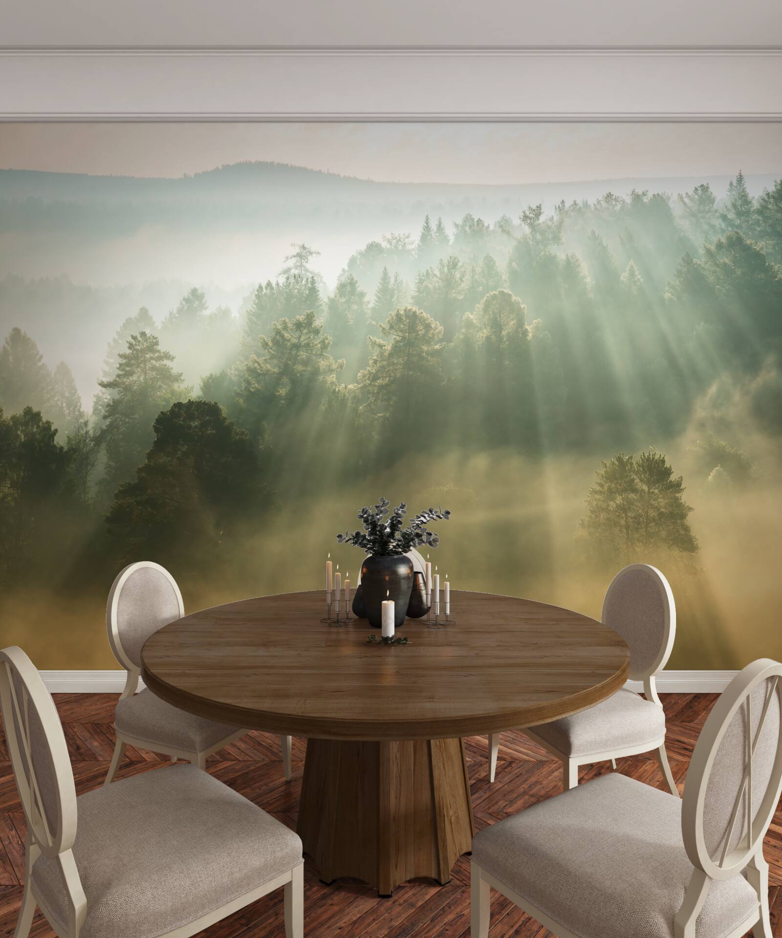 Fototapeta v lese sa vplyvom slnka rozplynie hustá hmla