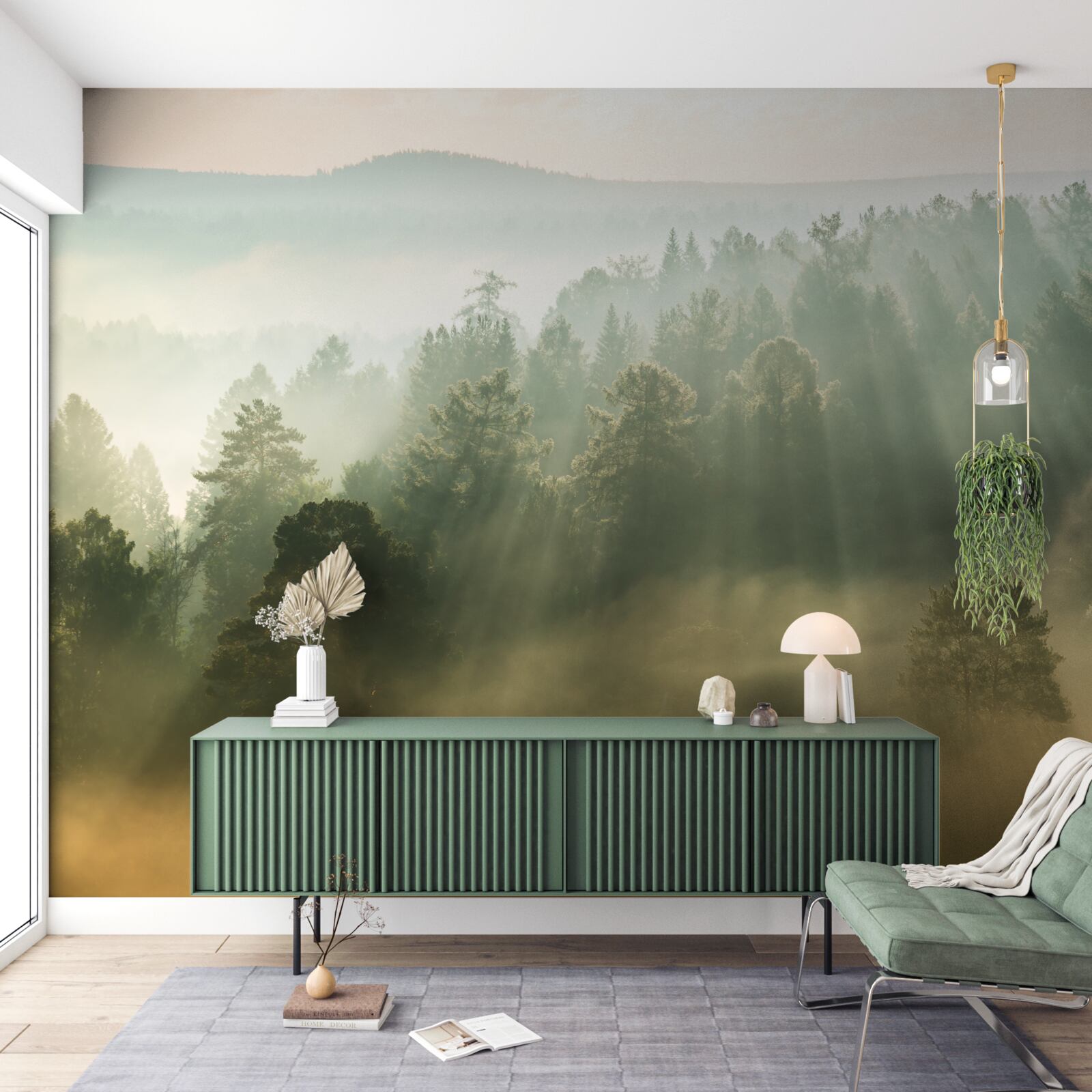 Fototapeta v lese sa vplyvom slnka rozplynie hustá hmla