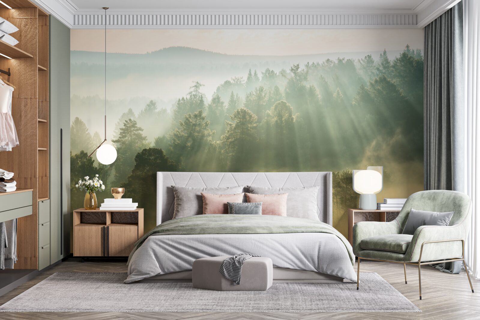 Fototapeta v lese sa vplyvom slnka rozplynie hustá hmla