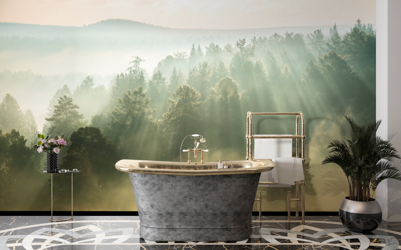 Fototapeta v lese sa vplyvom slnka rozplynie hustá hmla