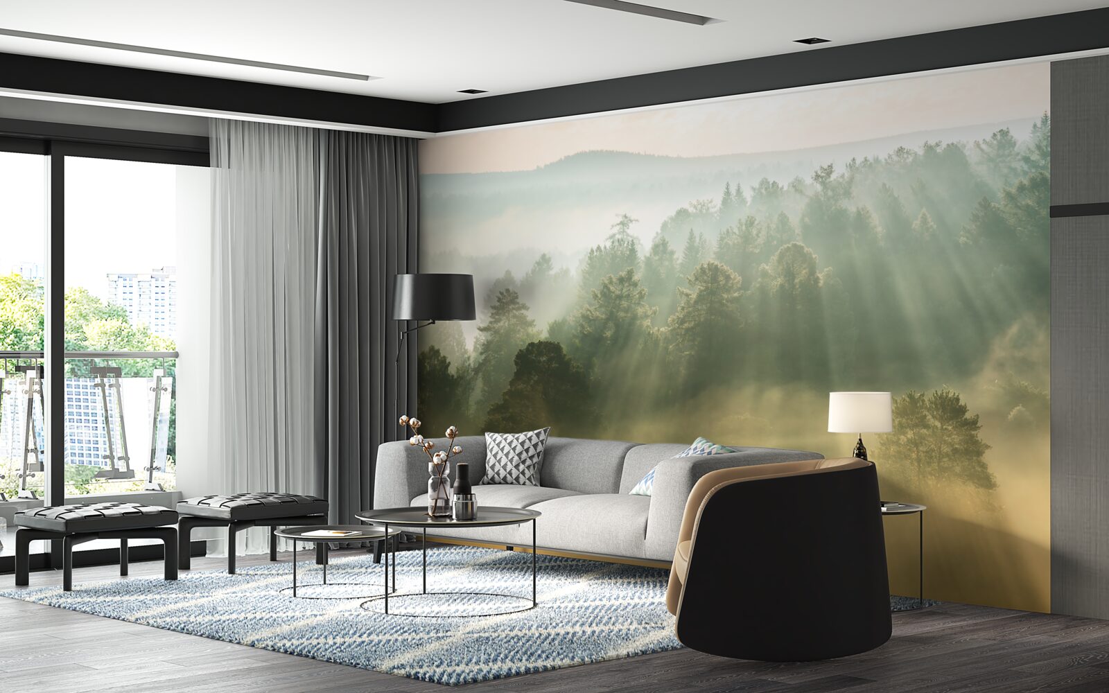 Fototapeta v lese sa vplyvom slnka rozplynie hustá hmla