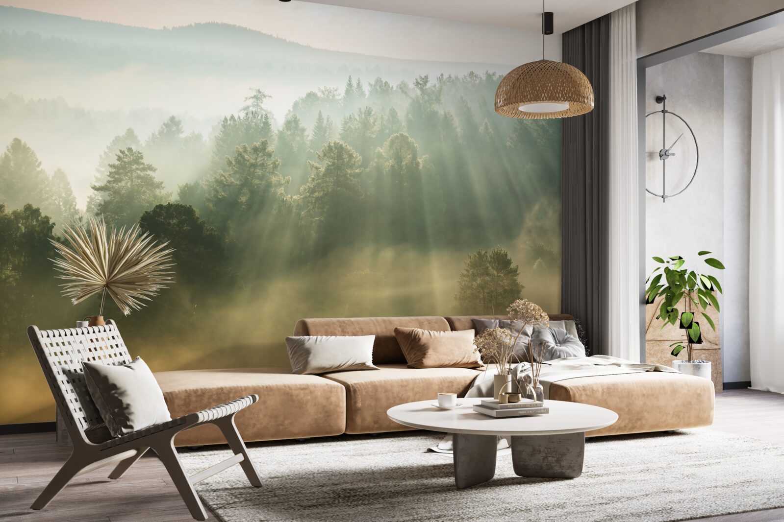 Fototapeta v lese sa vplyvom slnka rozplynie hustá hmla