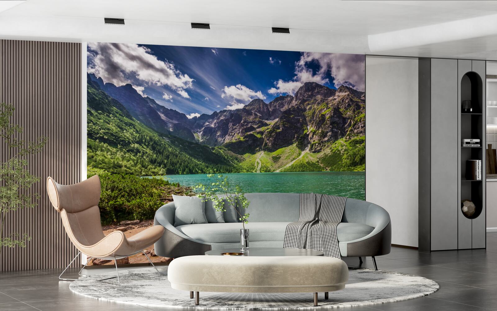 Fototapeta letný deň pri jazere obklopenom zelenkavými horami