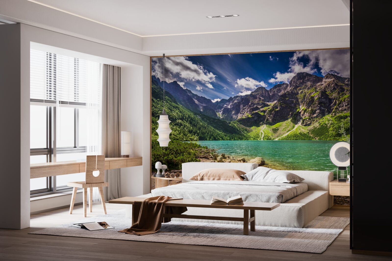 Fototapeta letný deň pri jazere obklopenom zelenkavými horami