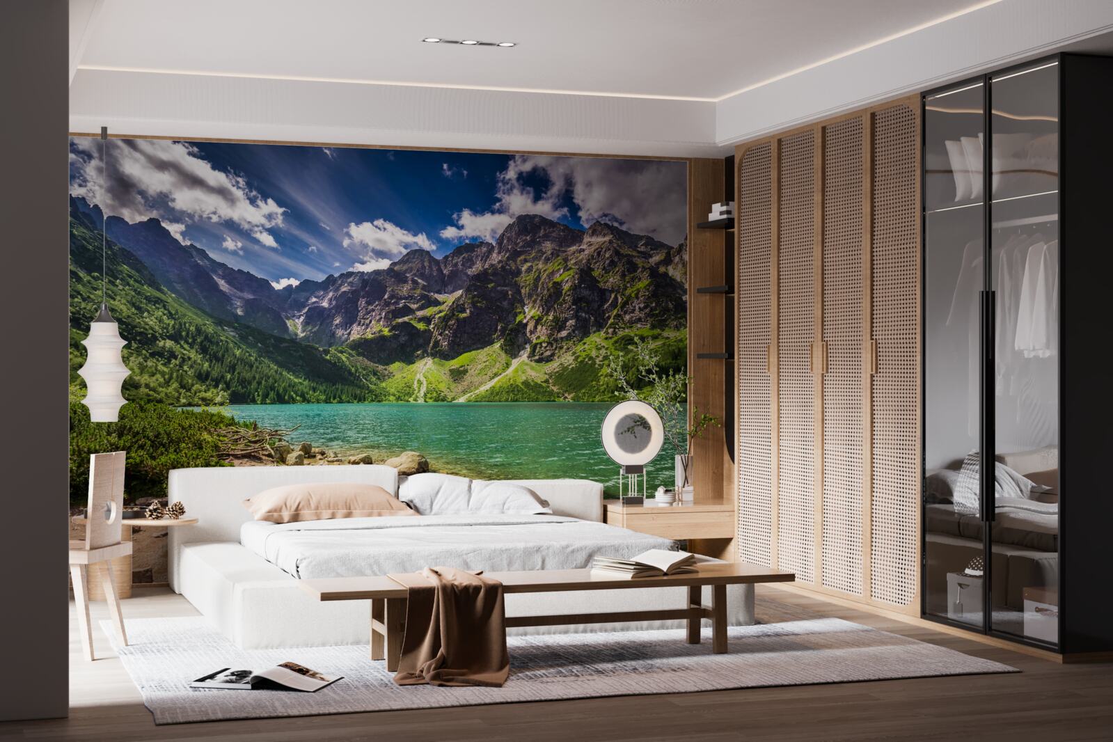 Fototapeta letný deň pri jazere obklopenom zelenkavými horami