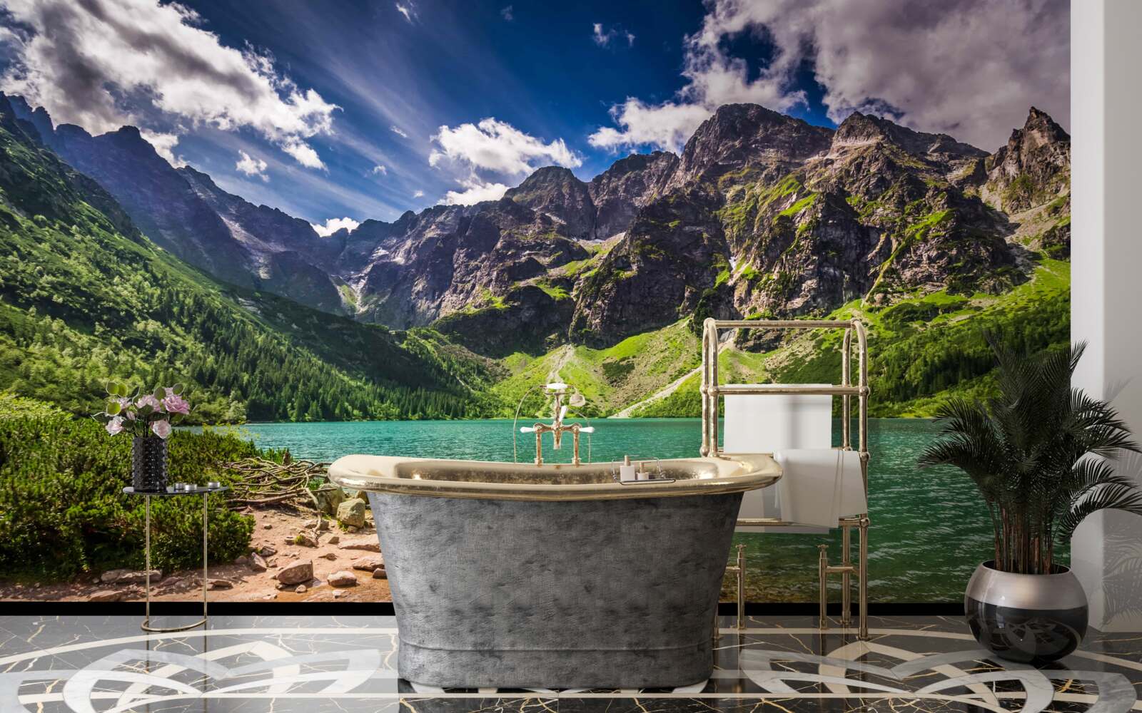 Fototapeta letný deň pri jazere obklopenom zelenkavými horami