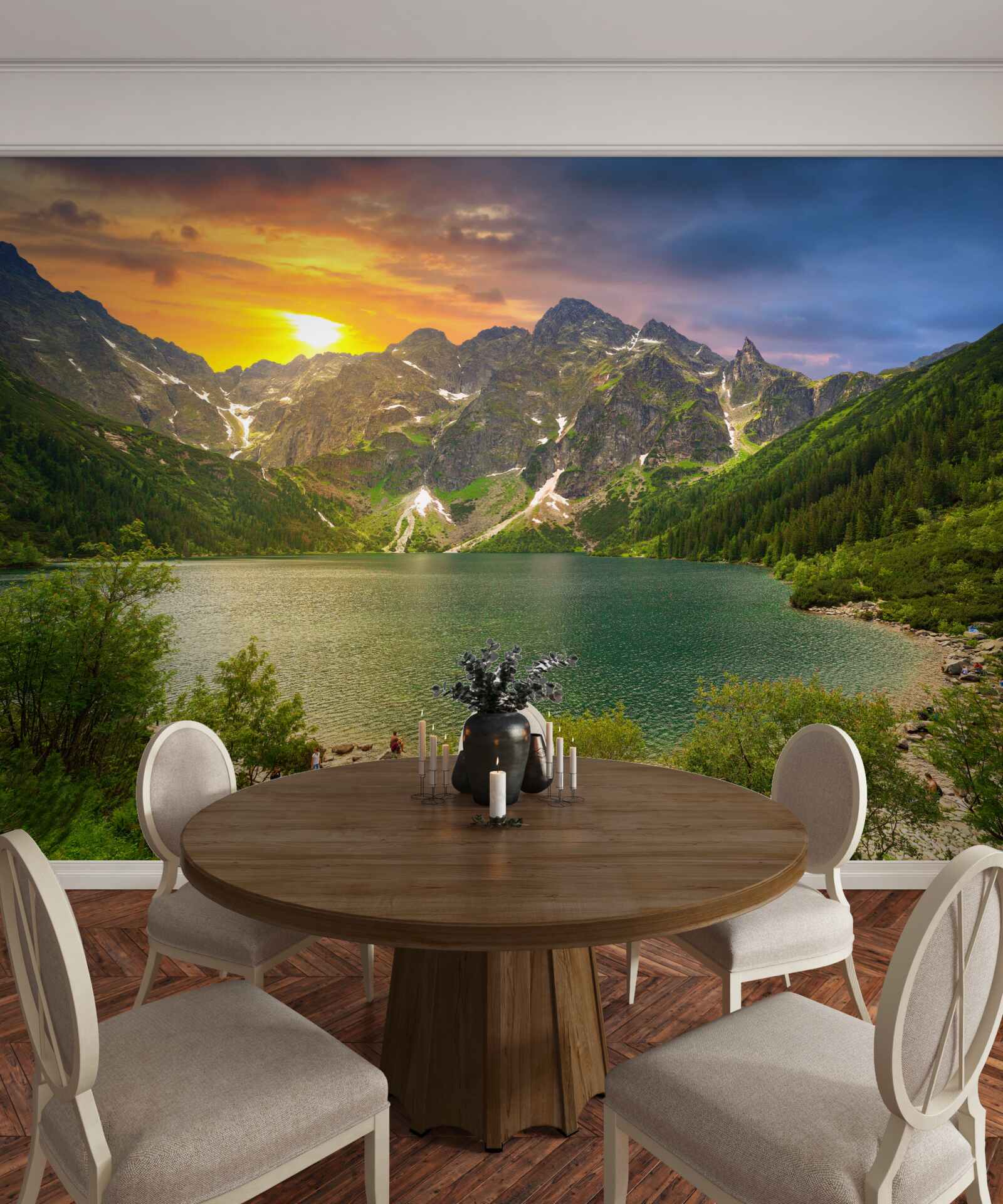 Fototapeta veľkolepý západ slnka za pohorím v blízkosti jazera