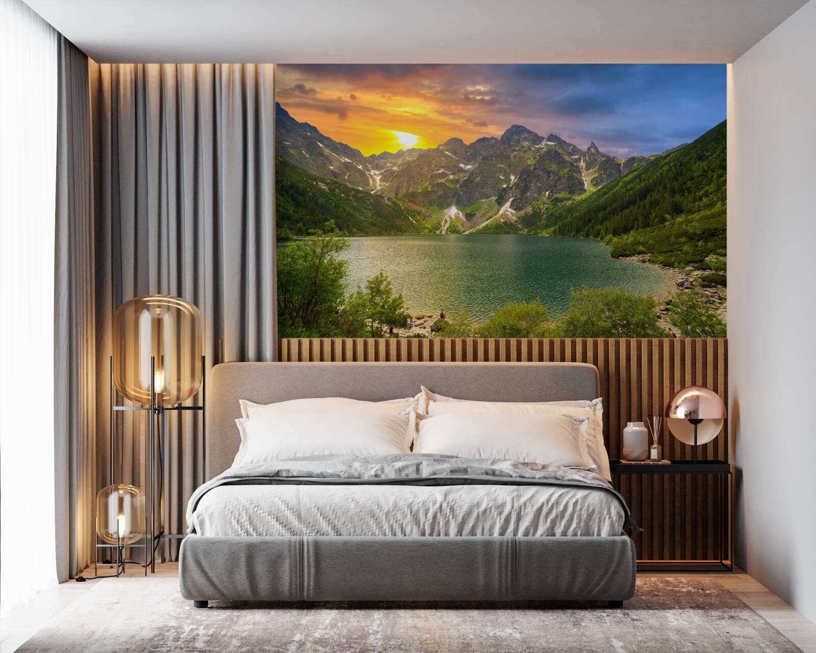 Fototapeta veľkolepý západ slnka za pohorím v blízkosti jazera