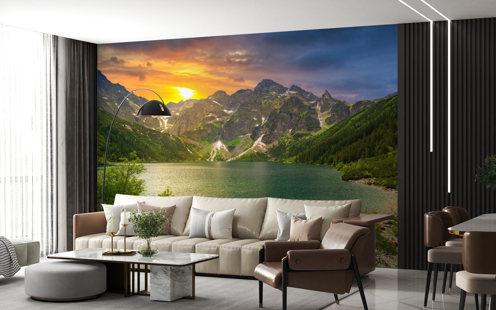 Fototapeta veľkolepý západ slnka za pohorím v blízkosti jazera