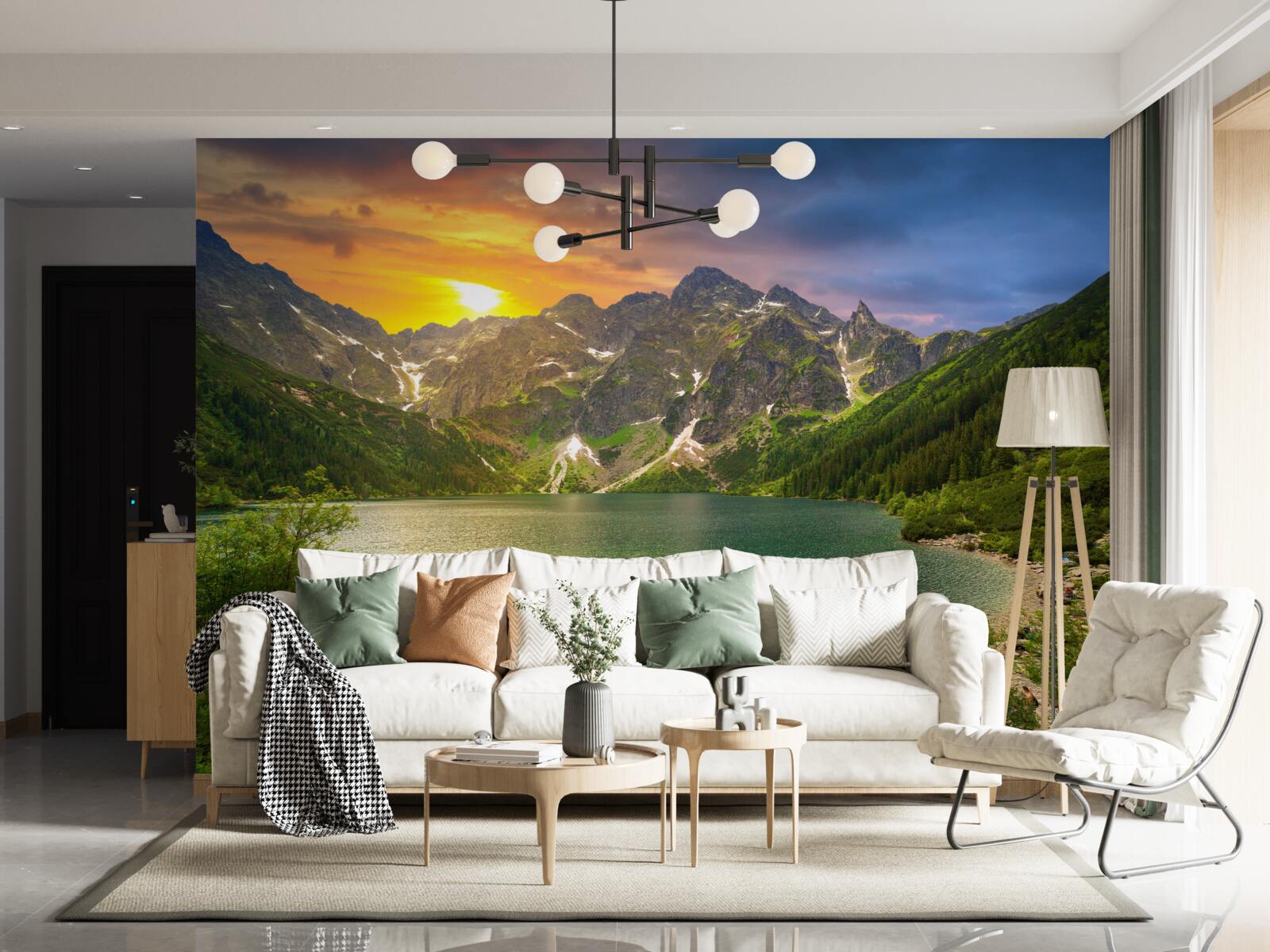 Fototapeta veľkolepý západ slnka za pohorím v blízkosti jazera