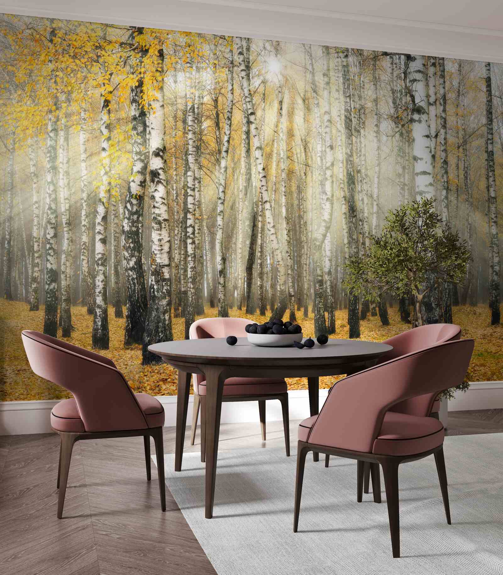 Fototapeta opadané brezové lístie v jesennom lese