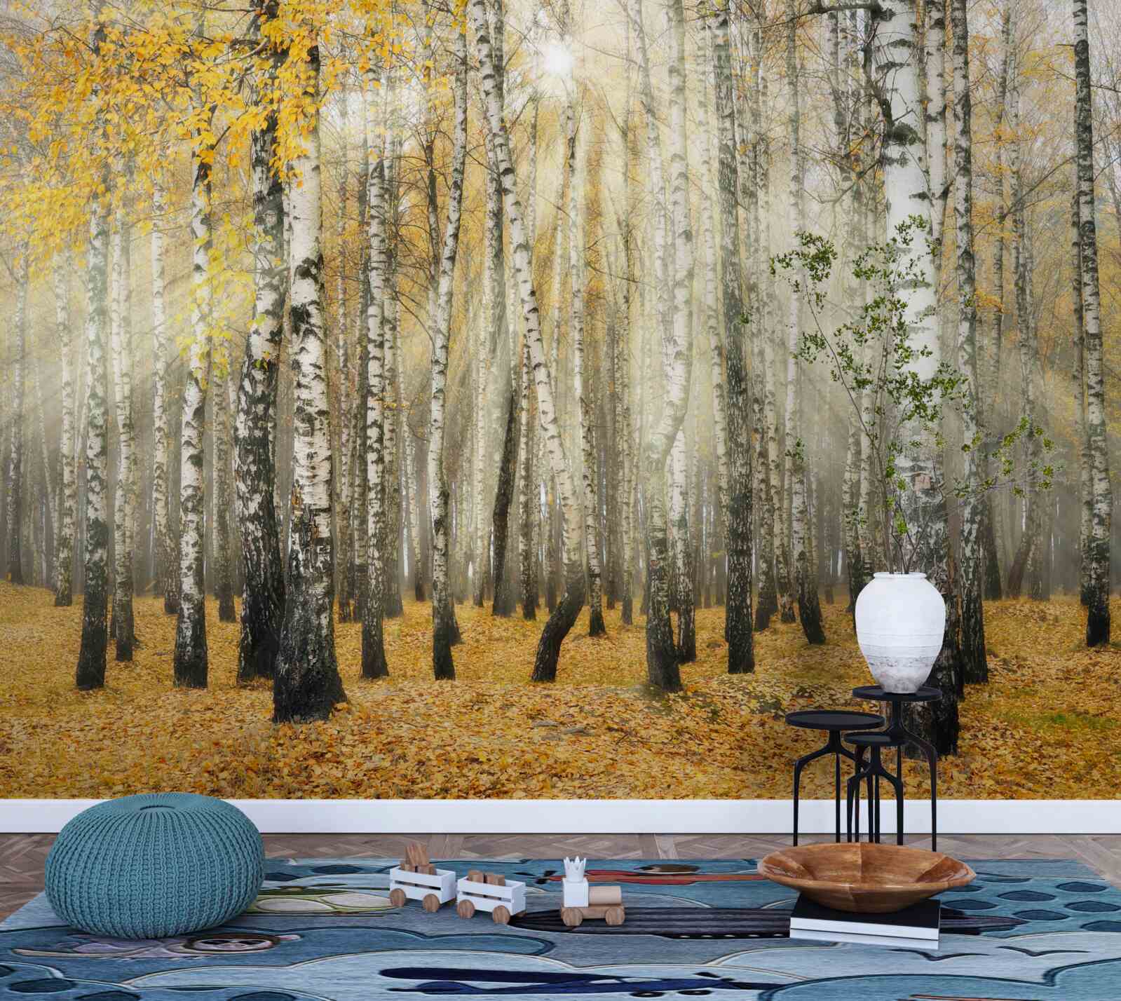 Fototapeta opadané brezové lístie v jesennom lese