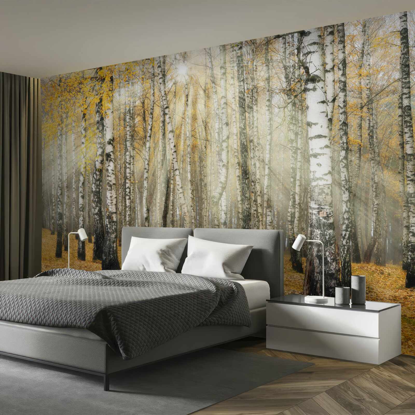 Fototapeta opadané brezové lístie v jesennom lese