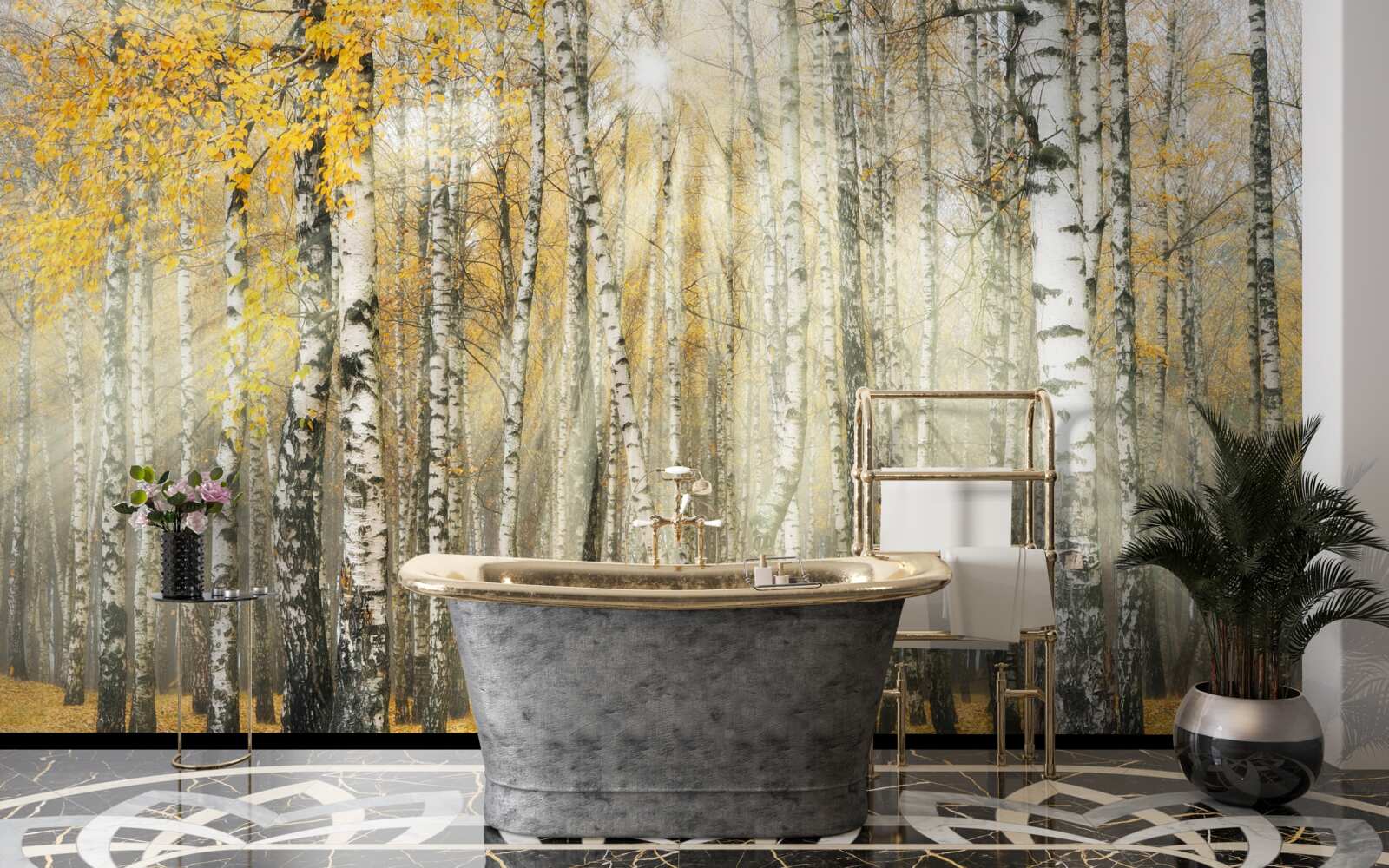 Fototapeta opadané brezové lístie v jesennom lese