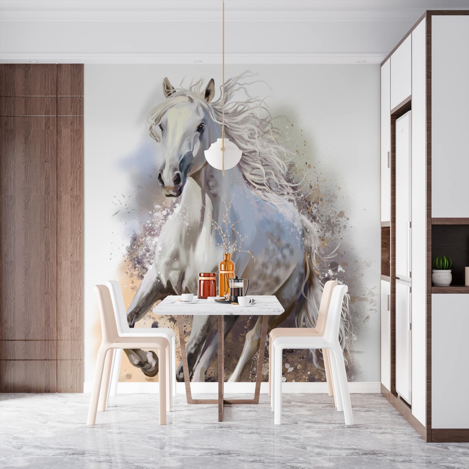 Fototapeta Snehobiely kôň s bujnou hrivou rýchlo cvála