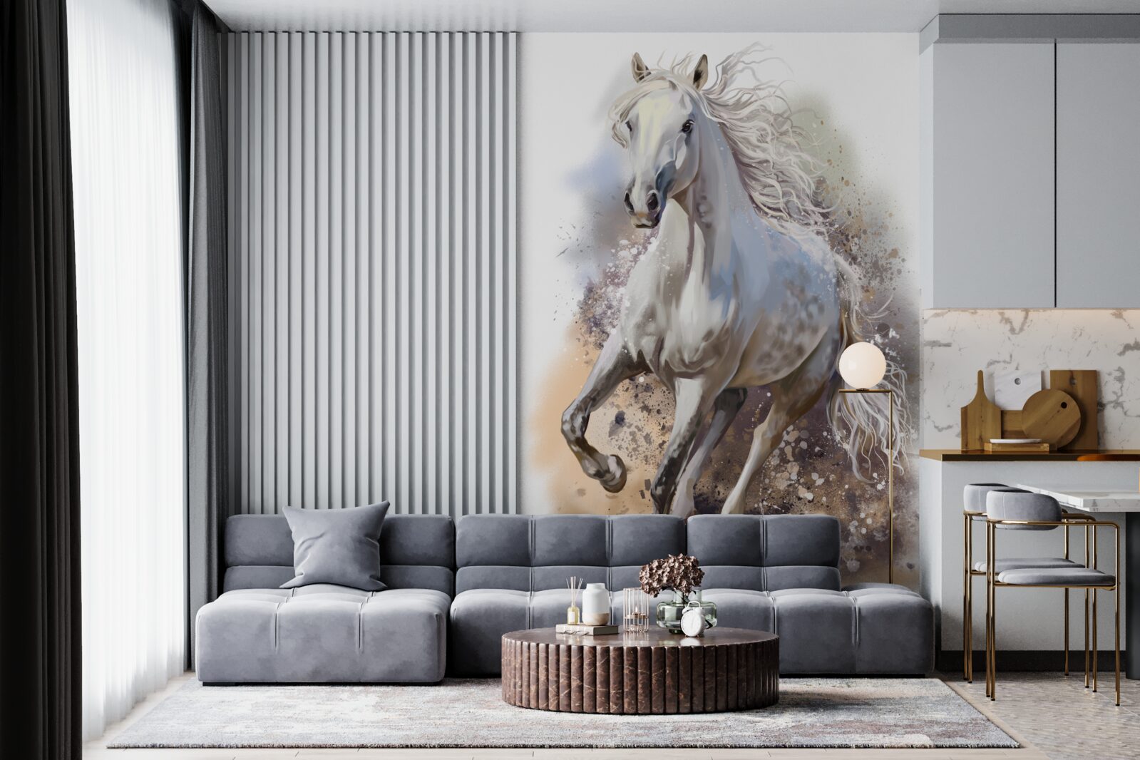 Fototapeta Snehobiely kôň s bujnou hrivou rýchlo cvála