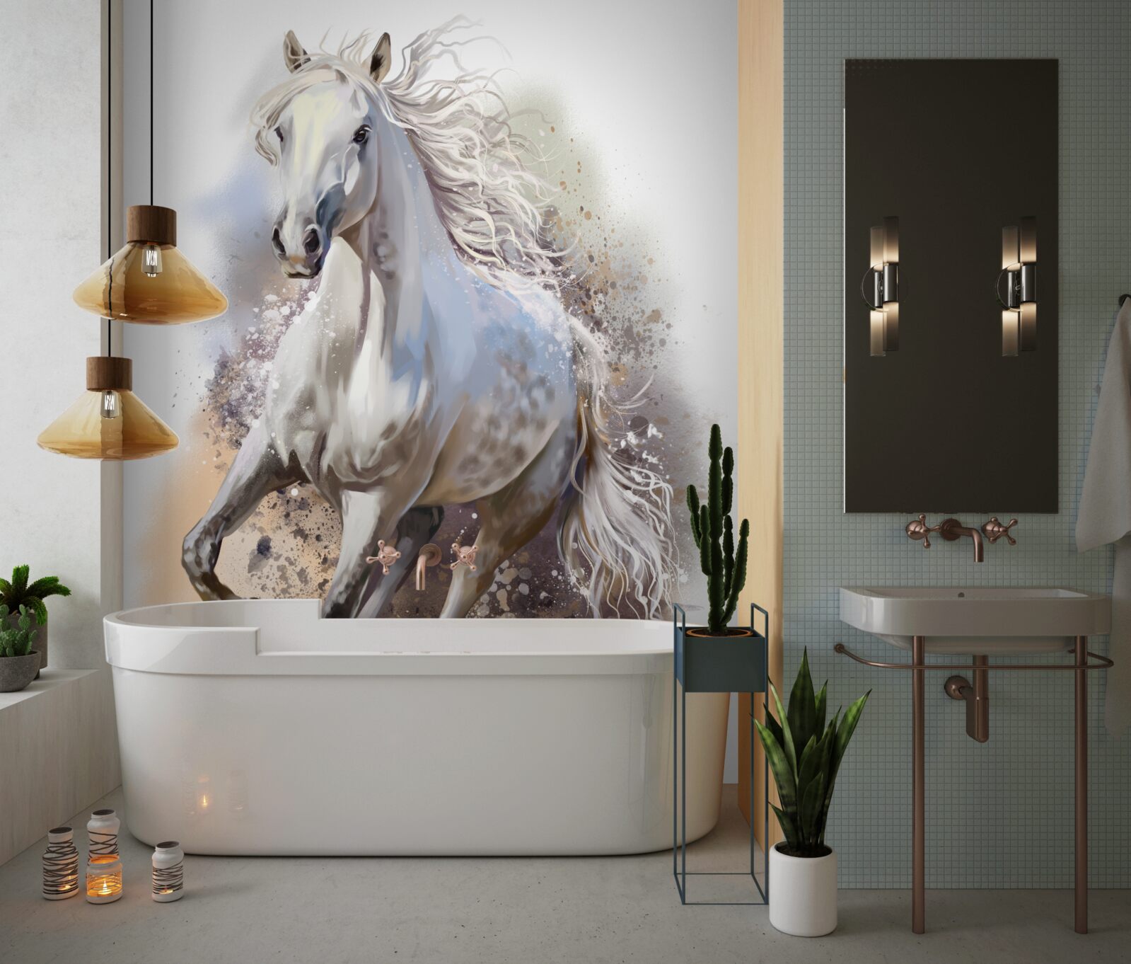 Fototapeta Snehobiely kôň s bujnou hrivou rýchlo cvála