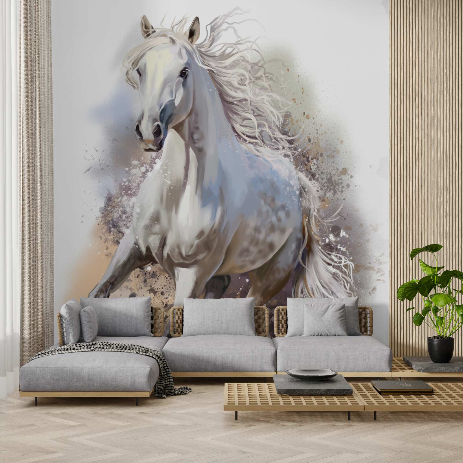 Fototapeta Snehobiely kôň s bujnou hrivou rýchlo cvála