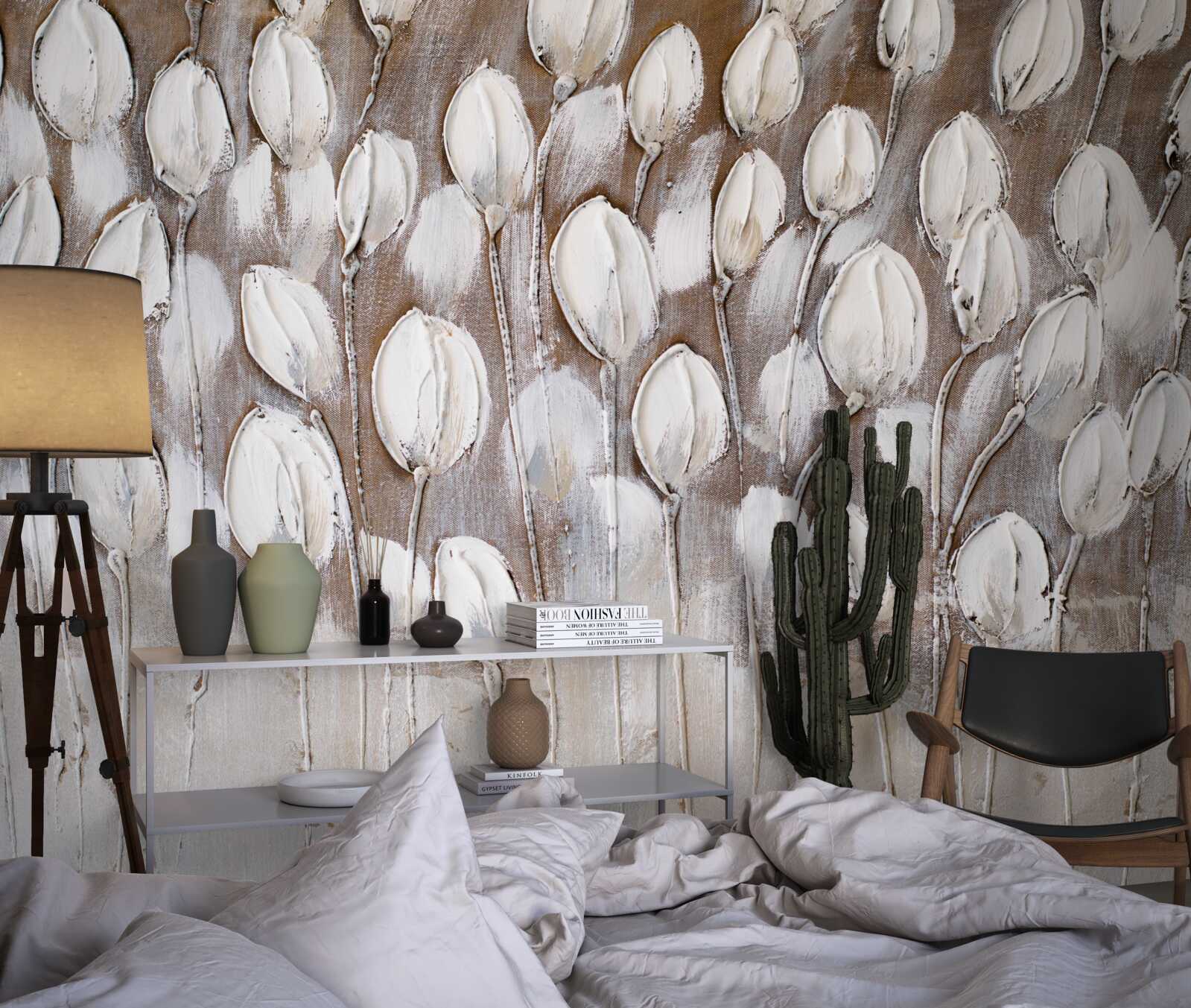 Fototapeta biele tulipány na poli sa ešte neotvorili