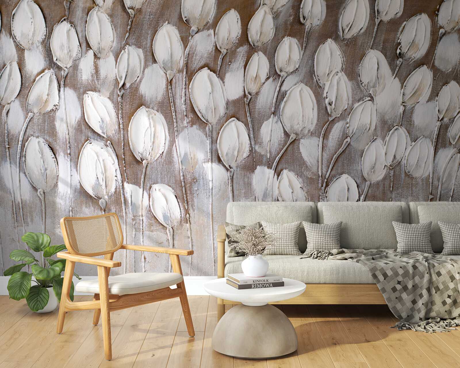 Fototapeta biele tulipány na poli sa ešte neotvorili