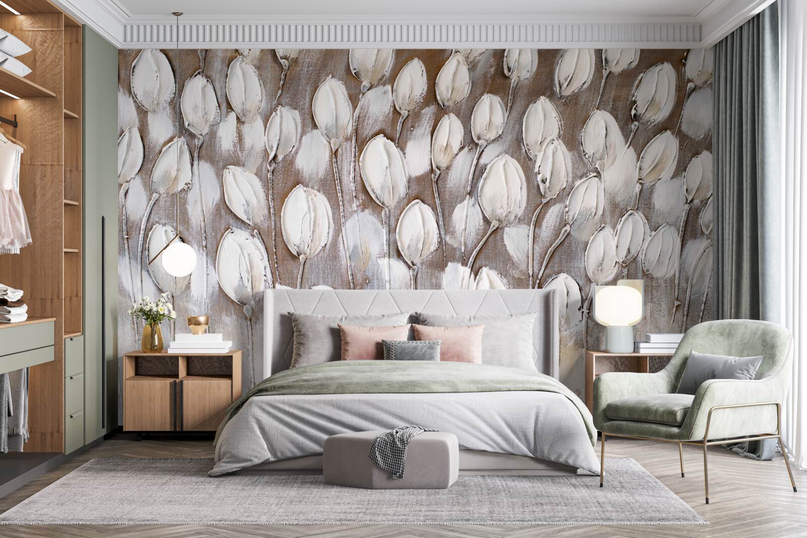 Fototapeta biele tulipány na poli sa ešte neotvorili