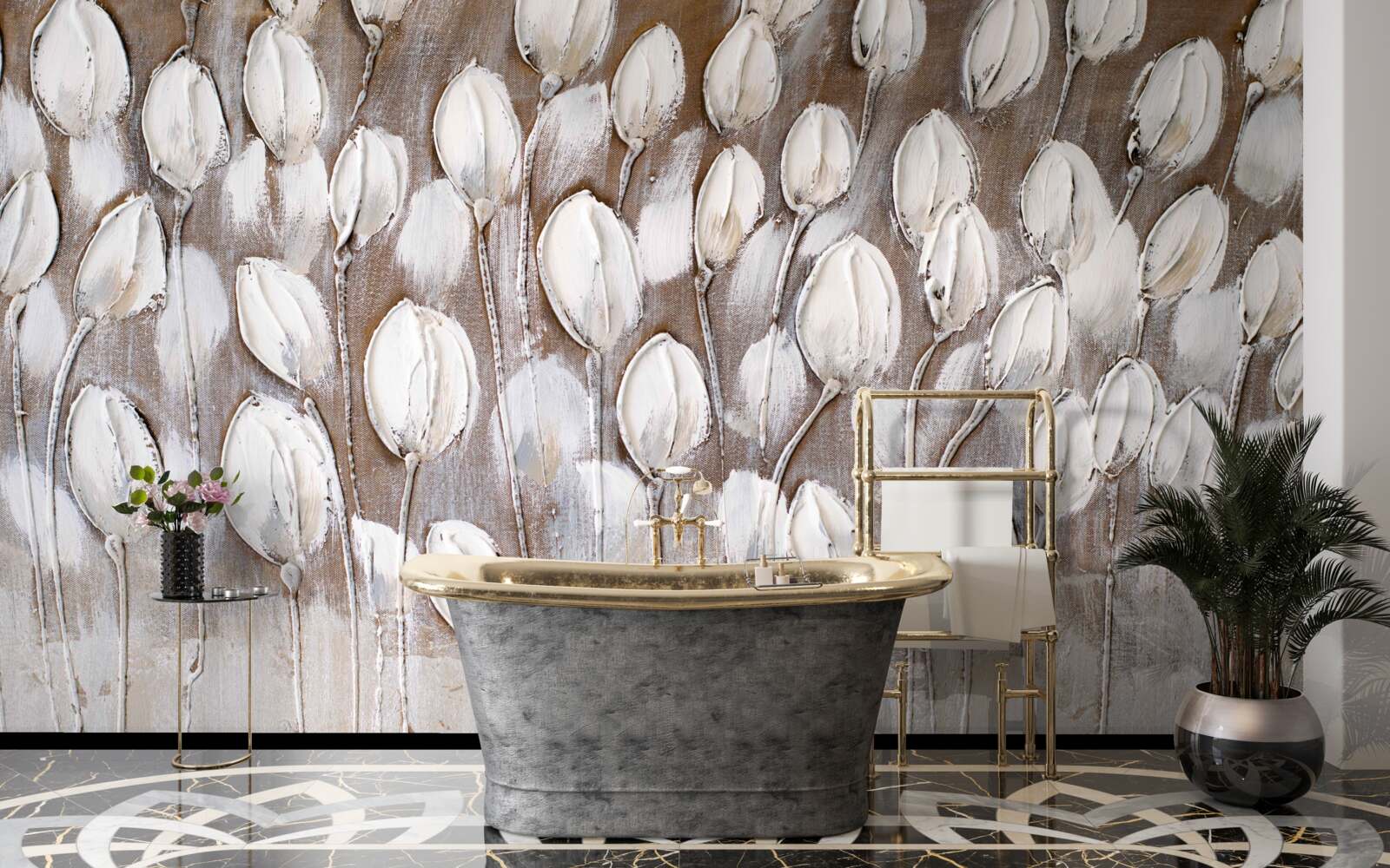 Fototapeta biele tulipány na poli sa ešte neotvorili