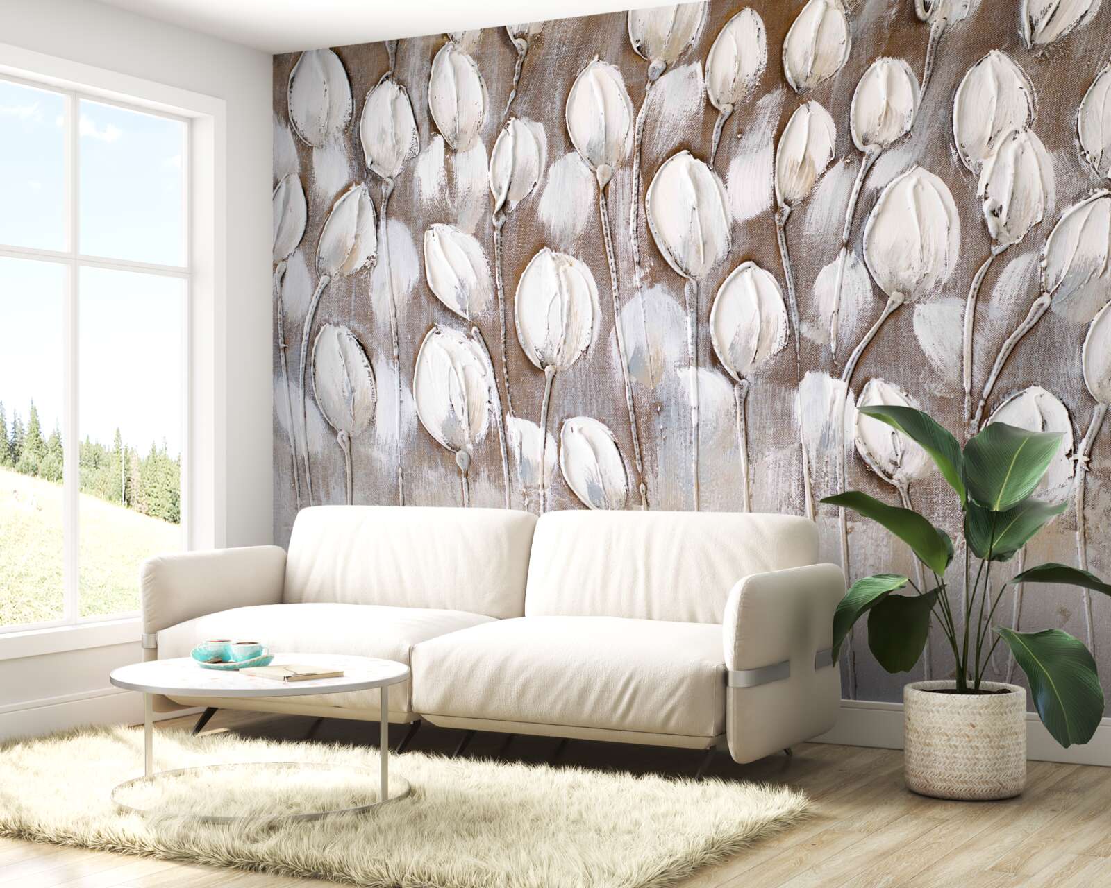 Fototapeta biele tulipány na poli sa ešte neotvorili