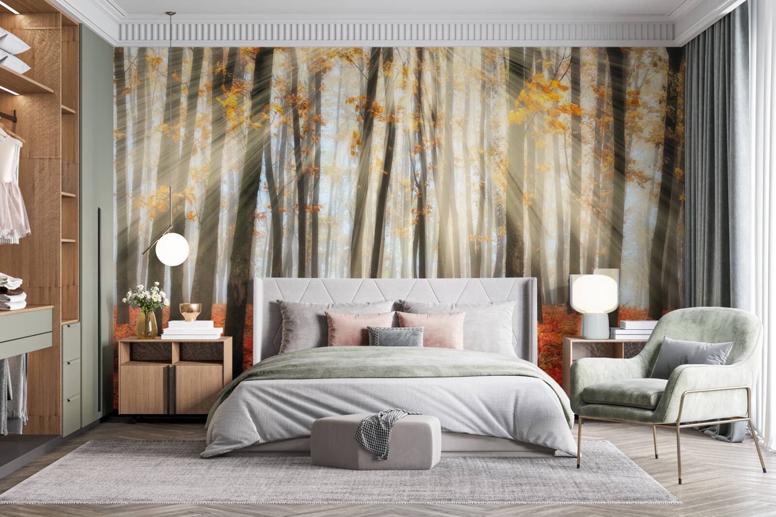 Fototapeta slnečné lúče a pôvabné jesenné stromy, ktoré stratili listy