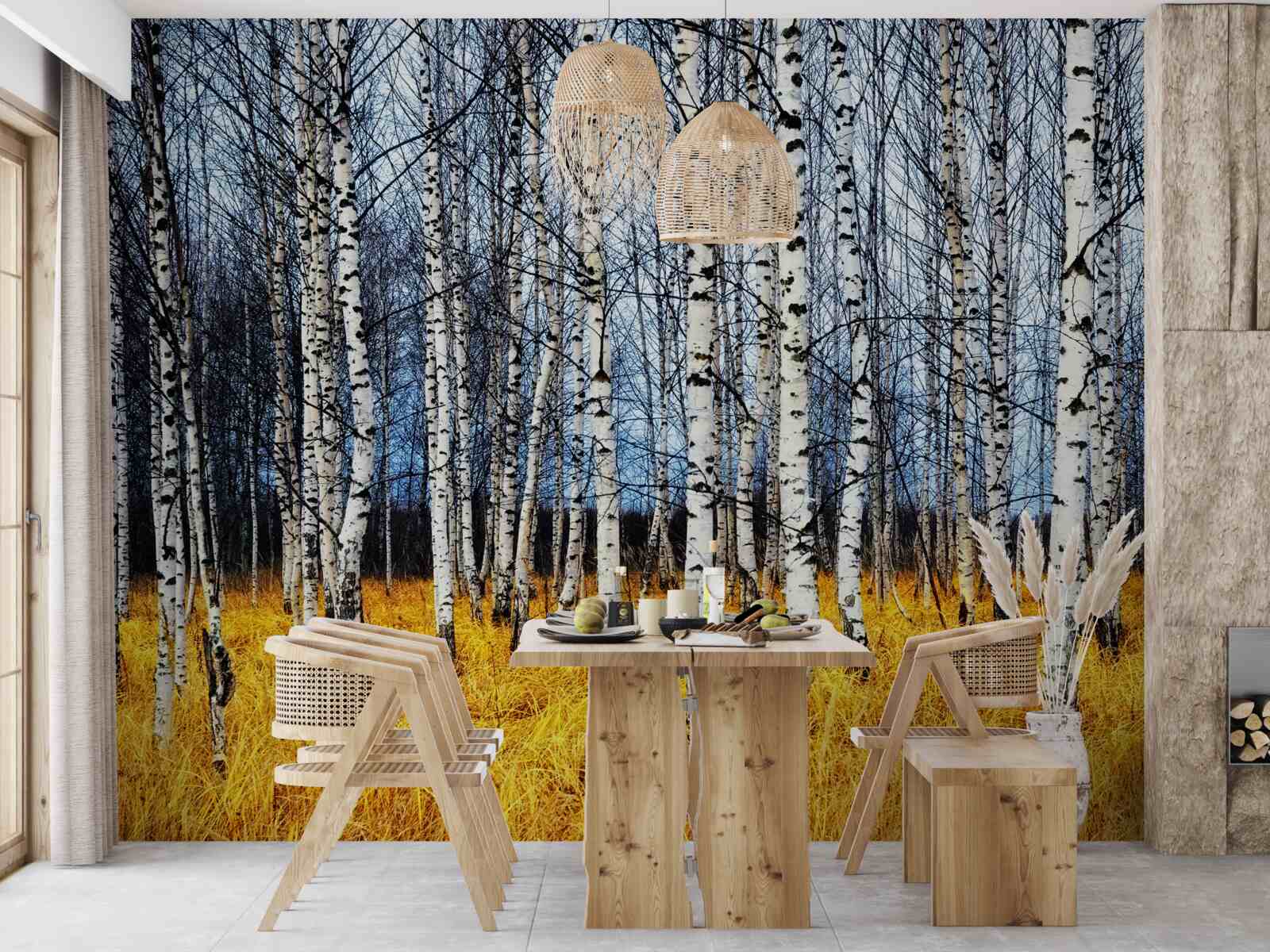 Fototapeta opadané brezové lístie na pozadí žltnúcej lesnej trávy