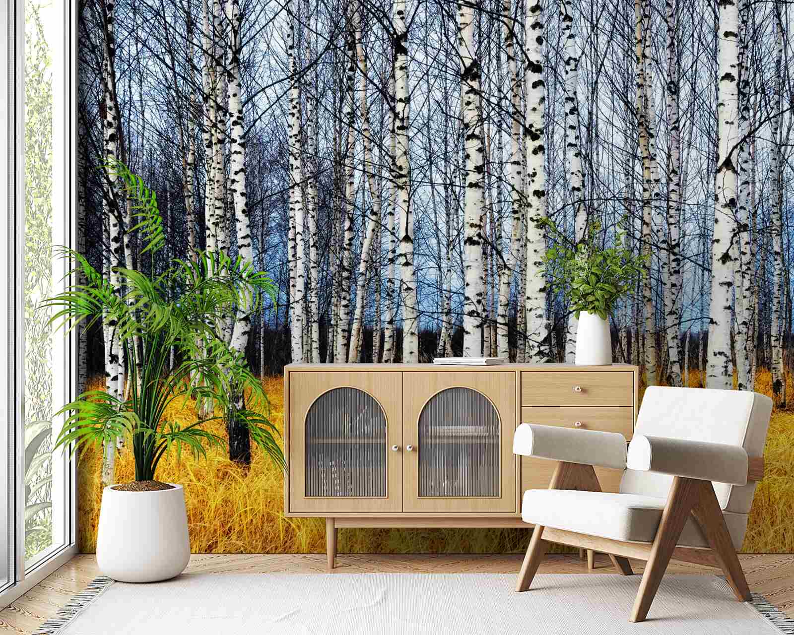 Fototapeta opadané brezové lístie na pozadí žltnúcej lesnej trávy