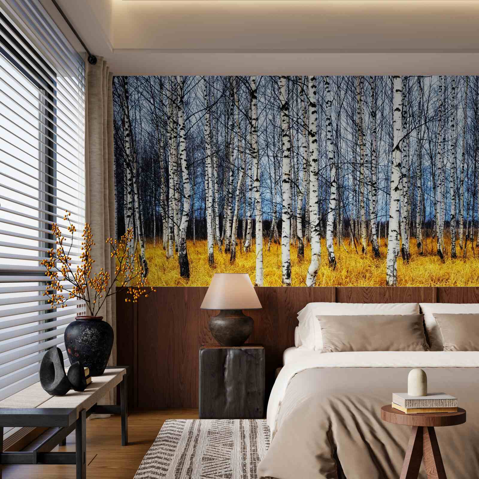 Fototapeta opadané brezové lístie na pozadí žltnúcej lesnej trávy