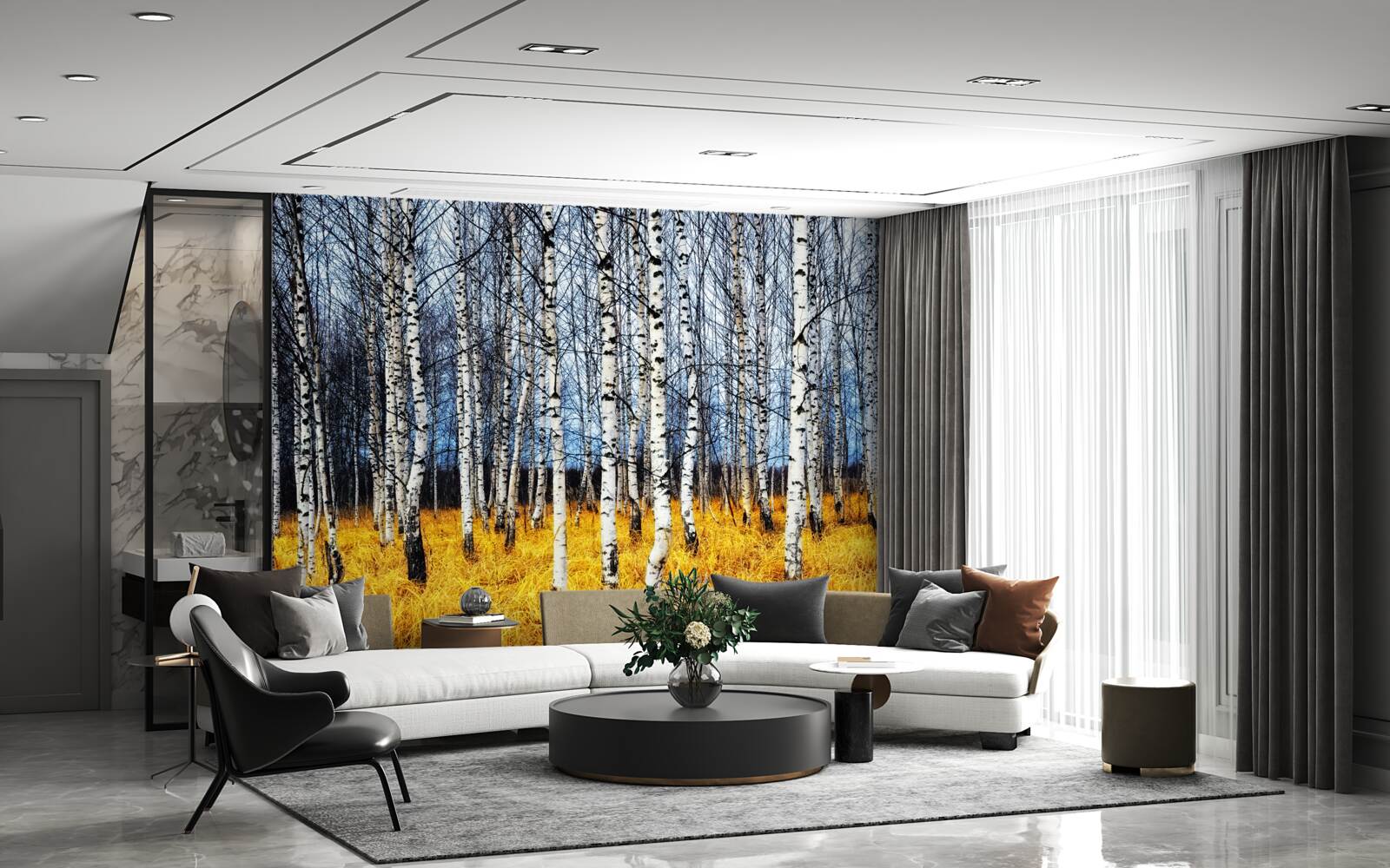 Fototapeta opadané brezové lístie na pozadí žltnúcej lesnej trávy