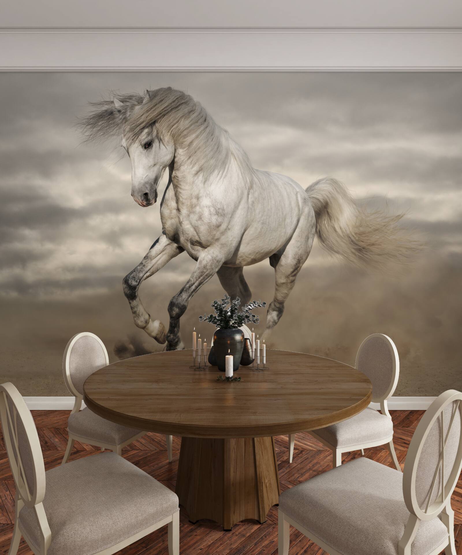 Fototapeta preteky sa zastavia pri bielom koni