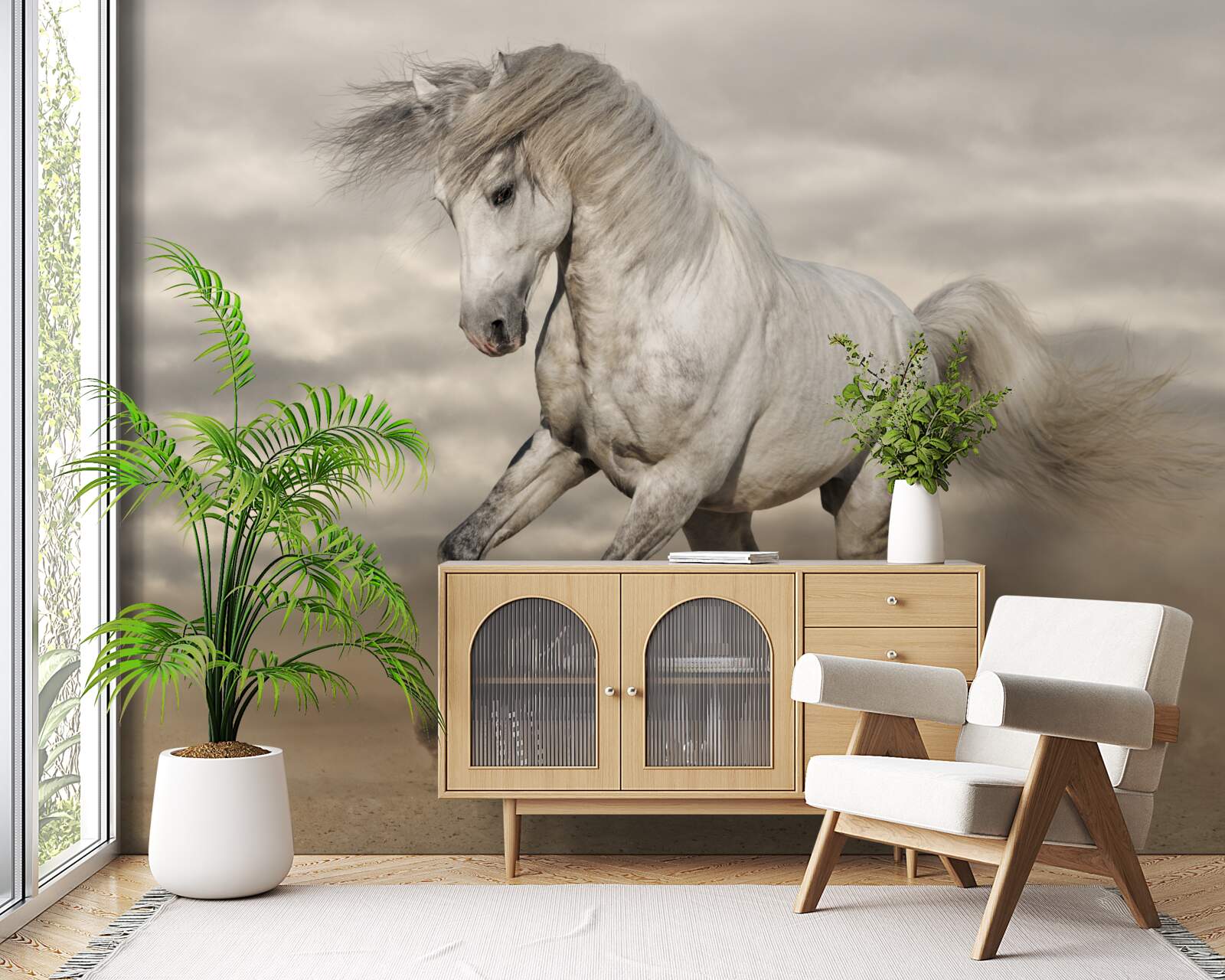 Fototapeta preteky sa zastavia pri bielom koni