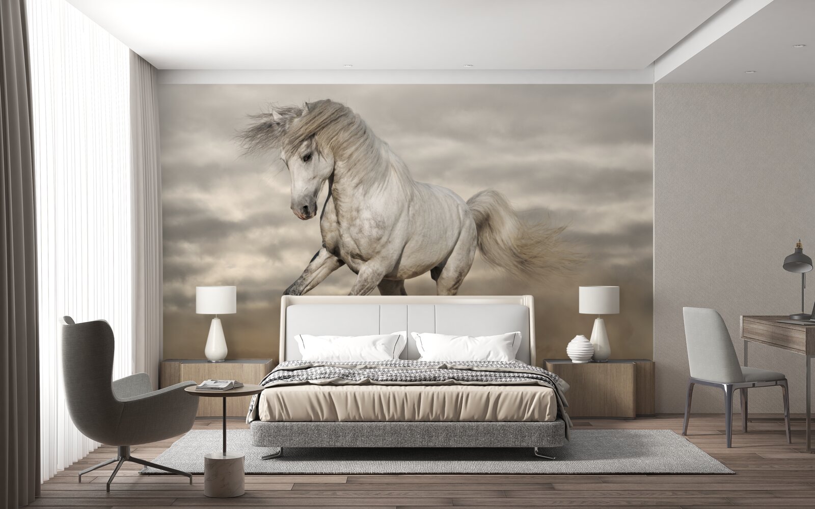 Fototapeta preteky sa zastavia pri bielom koni