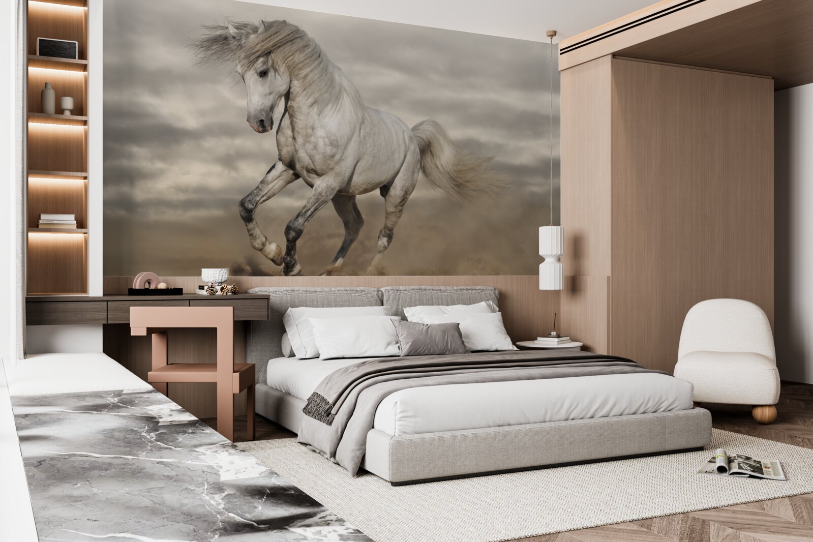 Fototapeta preteky sa zastavia pri bielom koni