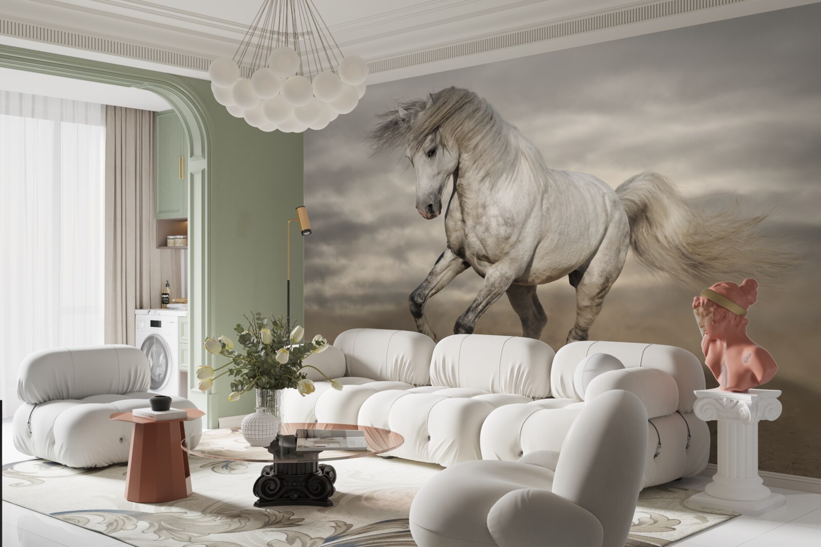 Fototapeta preteky sa zastavia pri bielom koni