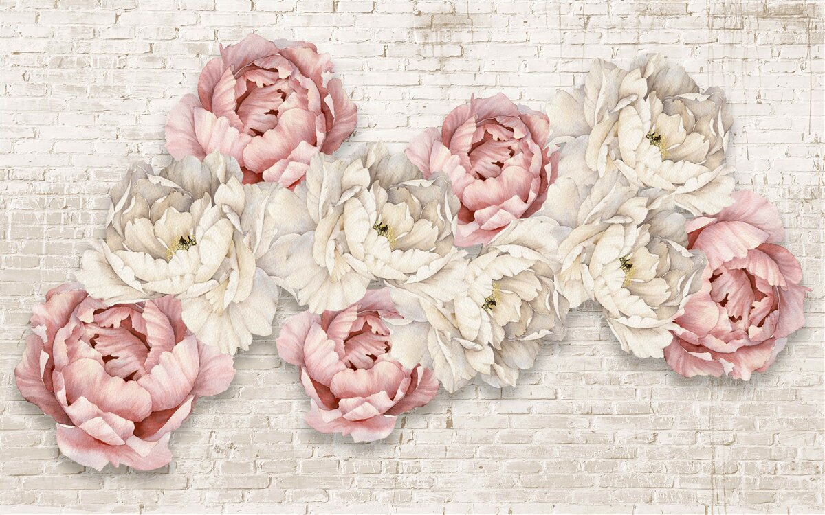 Fototapeta tehlové pozadie je zdobené bielymi a ružovými púčikmi