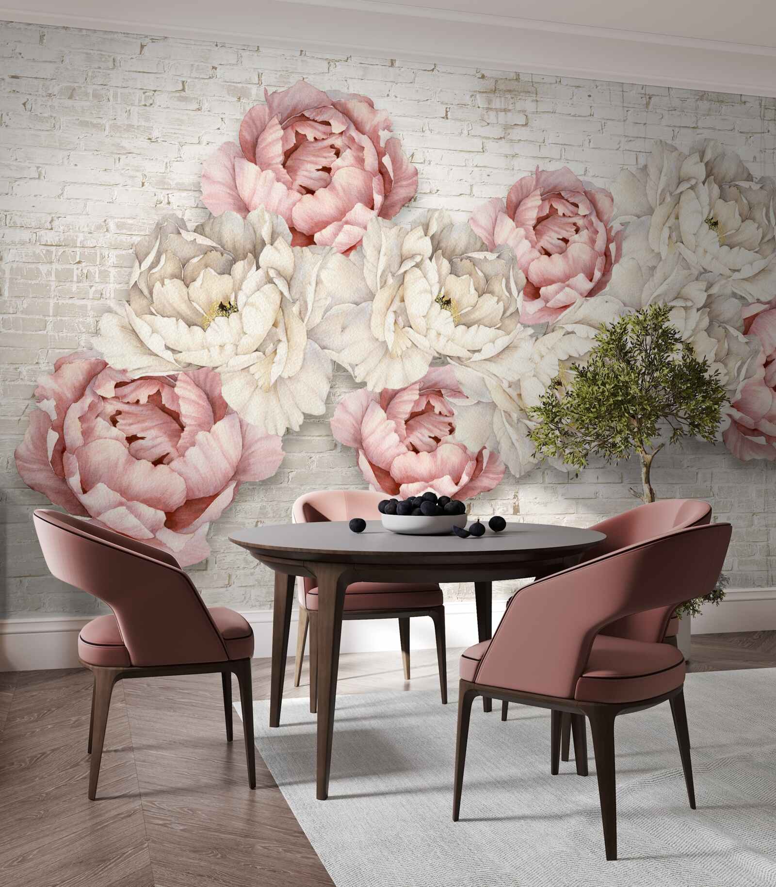 Fototapeta tehlové pozadie je zdobené bielymi a ružovými púčikmi