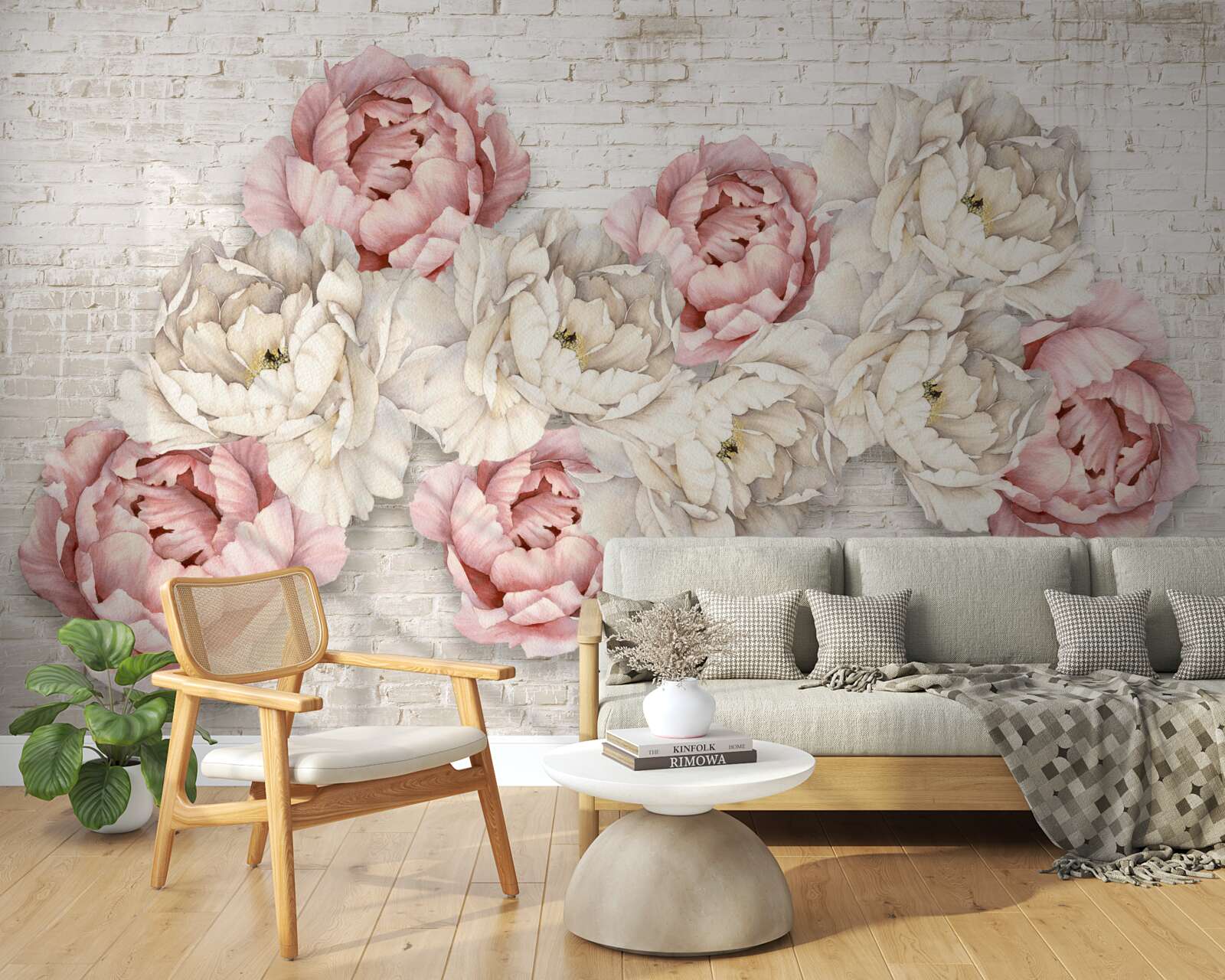 Fototapeta tehlové pozadie je zdobené bielymi a ružovými púčikmi