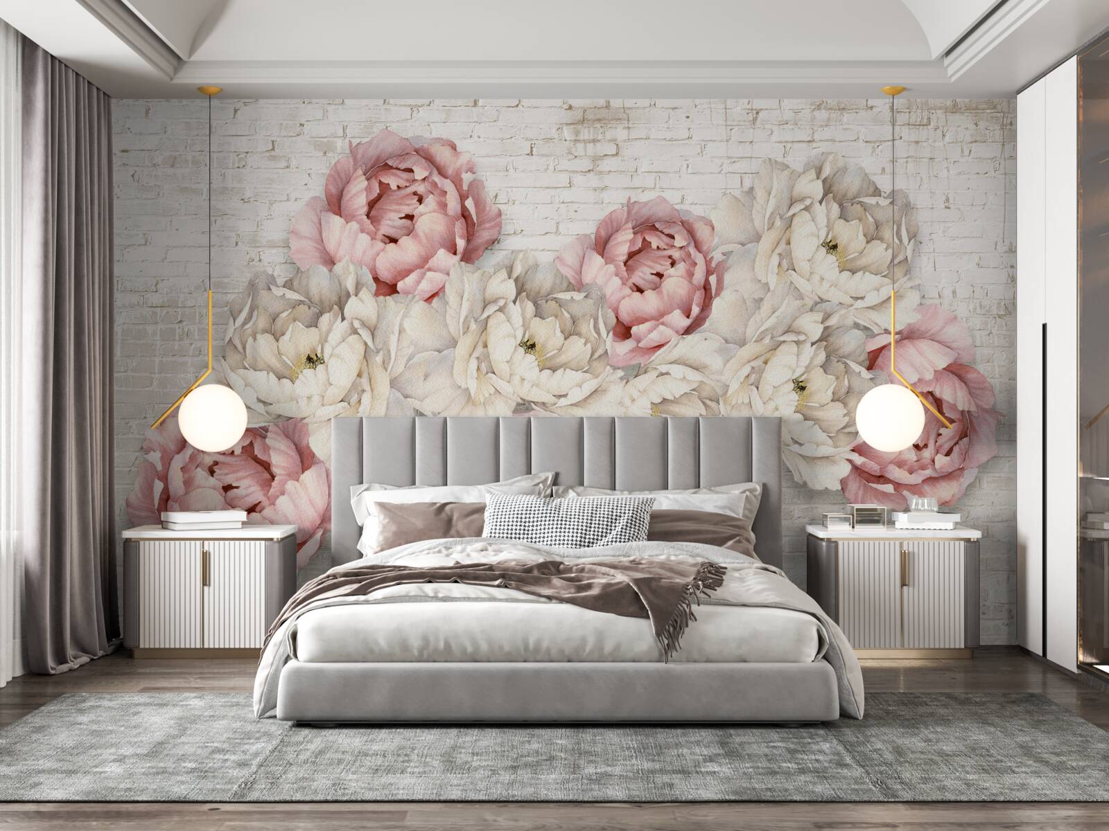 Fototapeta tehlové pozadie je zdobené bielymi a ružovými púčikmi