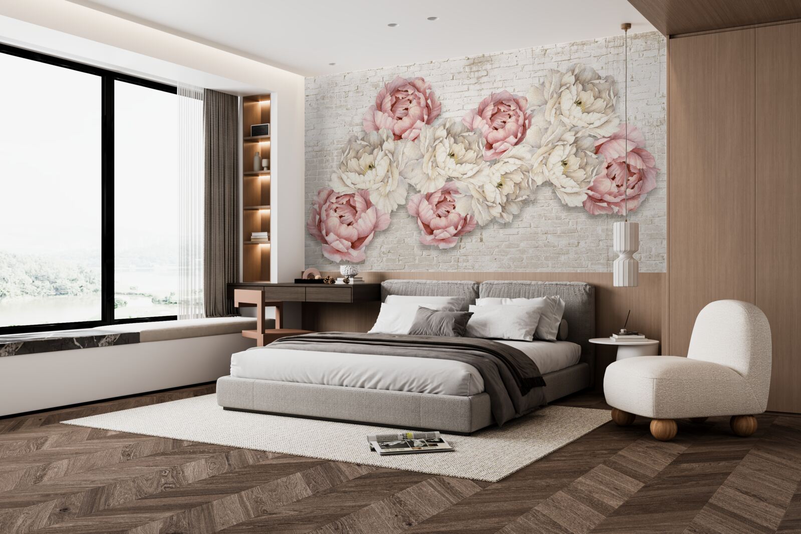 Fototapeta tehlové pozadie je zdobené bielymi a ružovými púčikmi