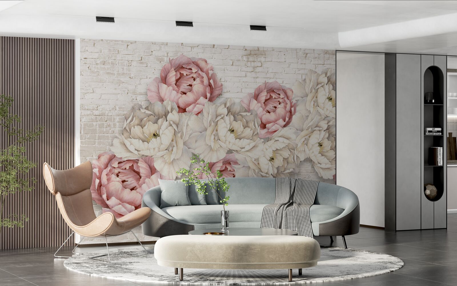 Fototapeta tehlové pozadie je zdobené bielymi a ružovými púčikmi