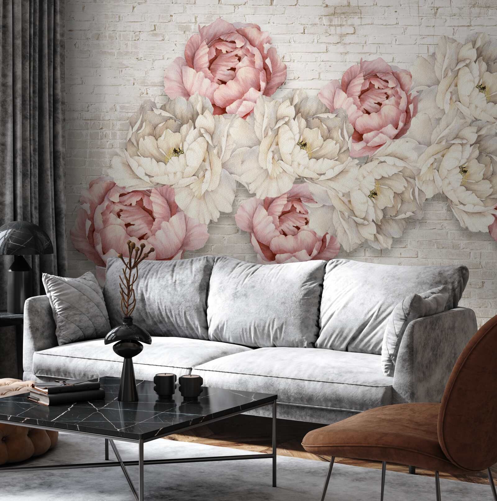 Fototapeta tehlové pozadie je zdobené bielymi a ružovými púčikmi