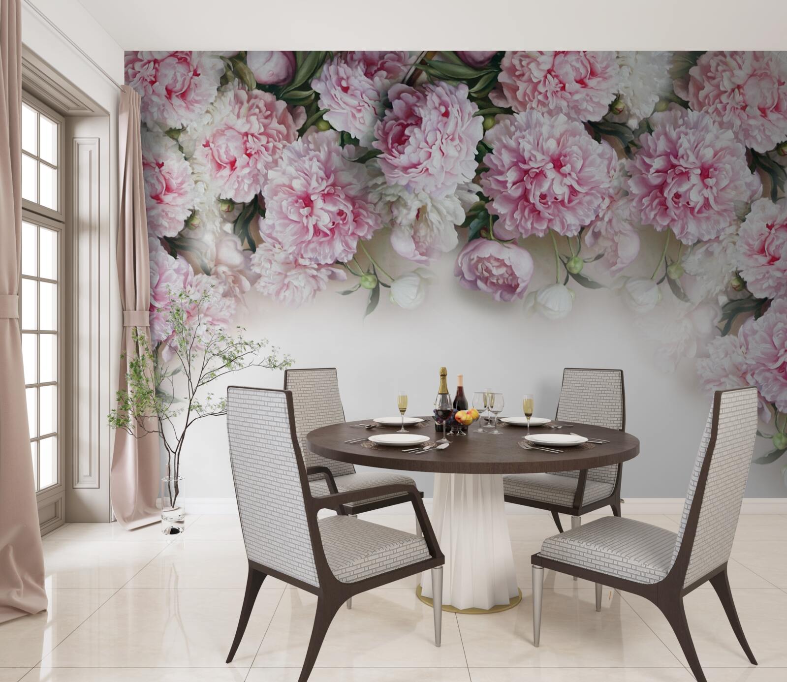 Fototapeta kvety bielej a ružovej farby, kaskádovito nadol