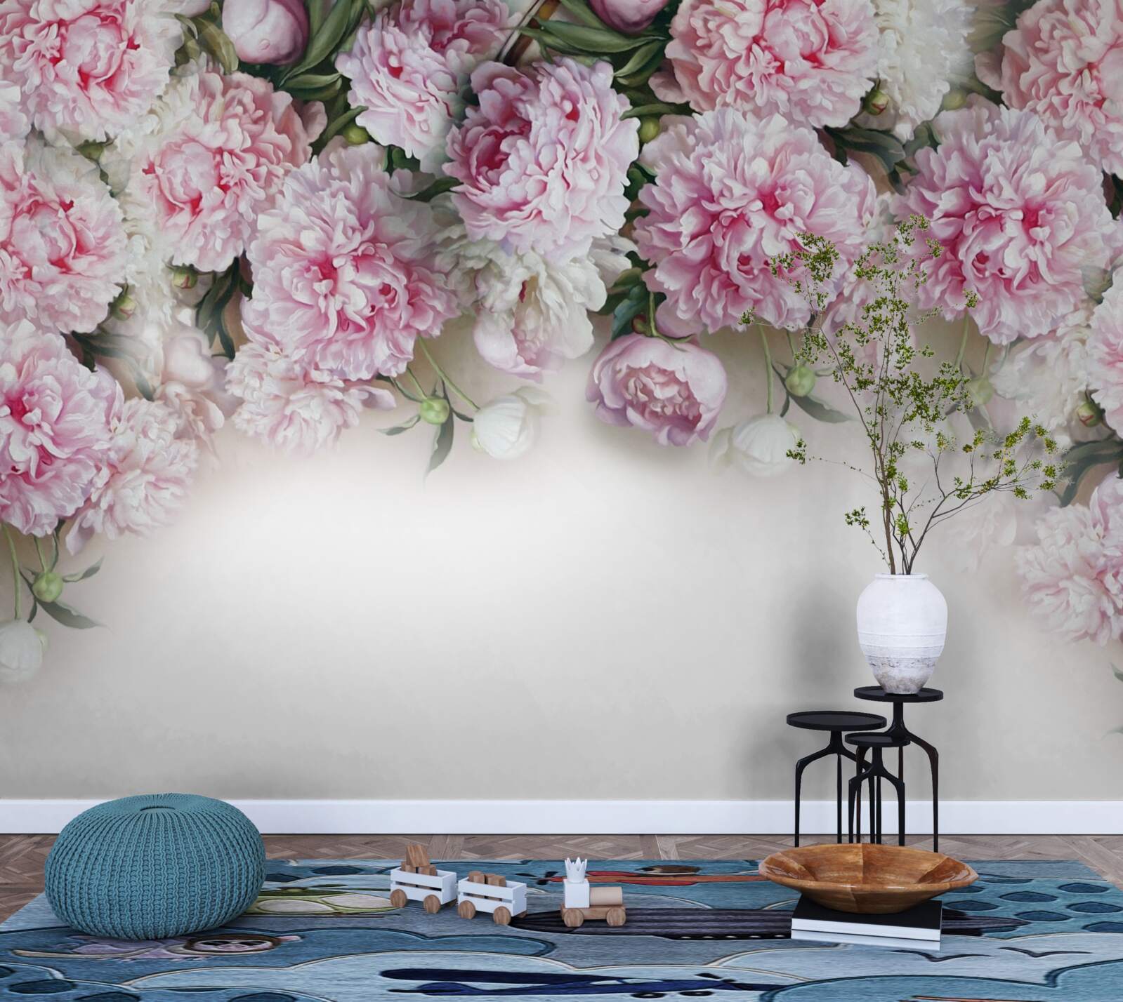 Fototapeta kvety bielej a ružovej farby, kaskádovito nadol