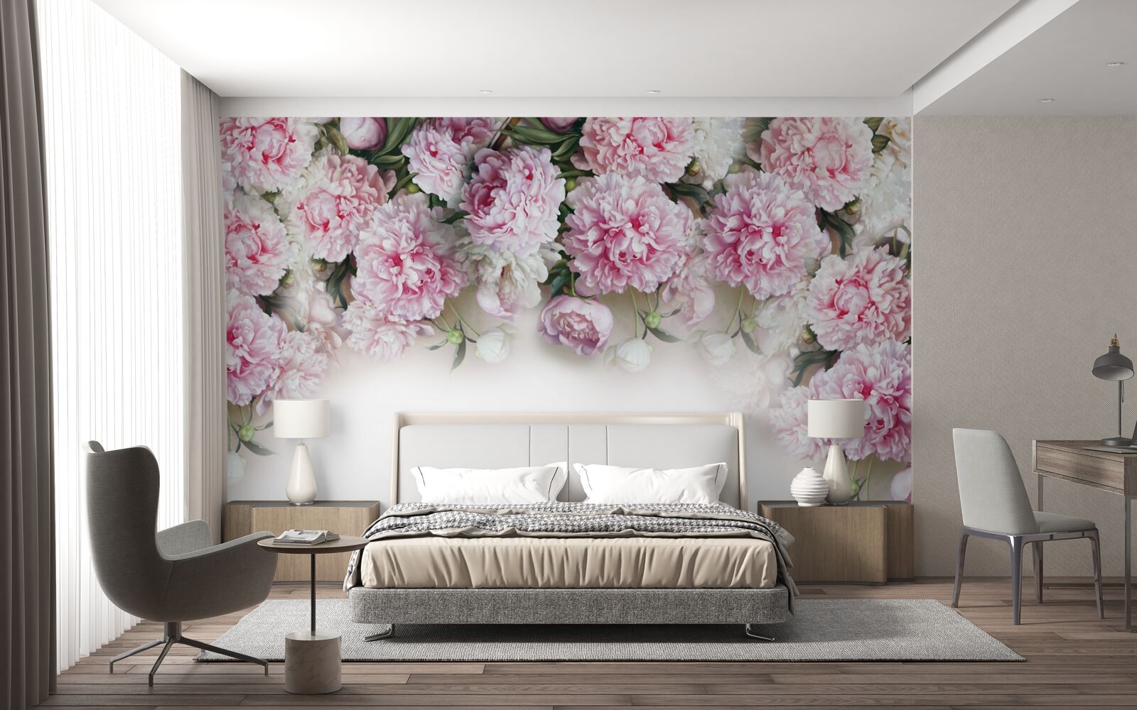 Fototapeta kvety bielej a ružovej farby, kaskádovito nadol