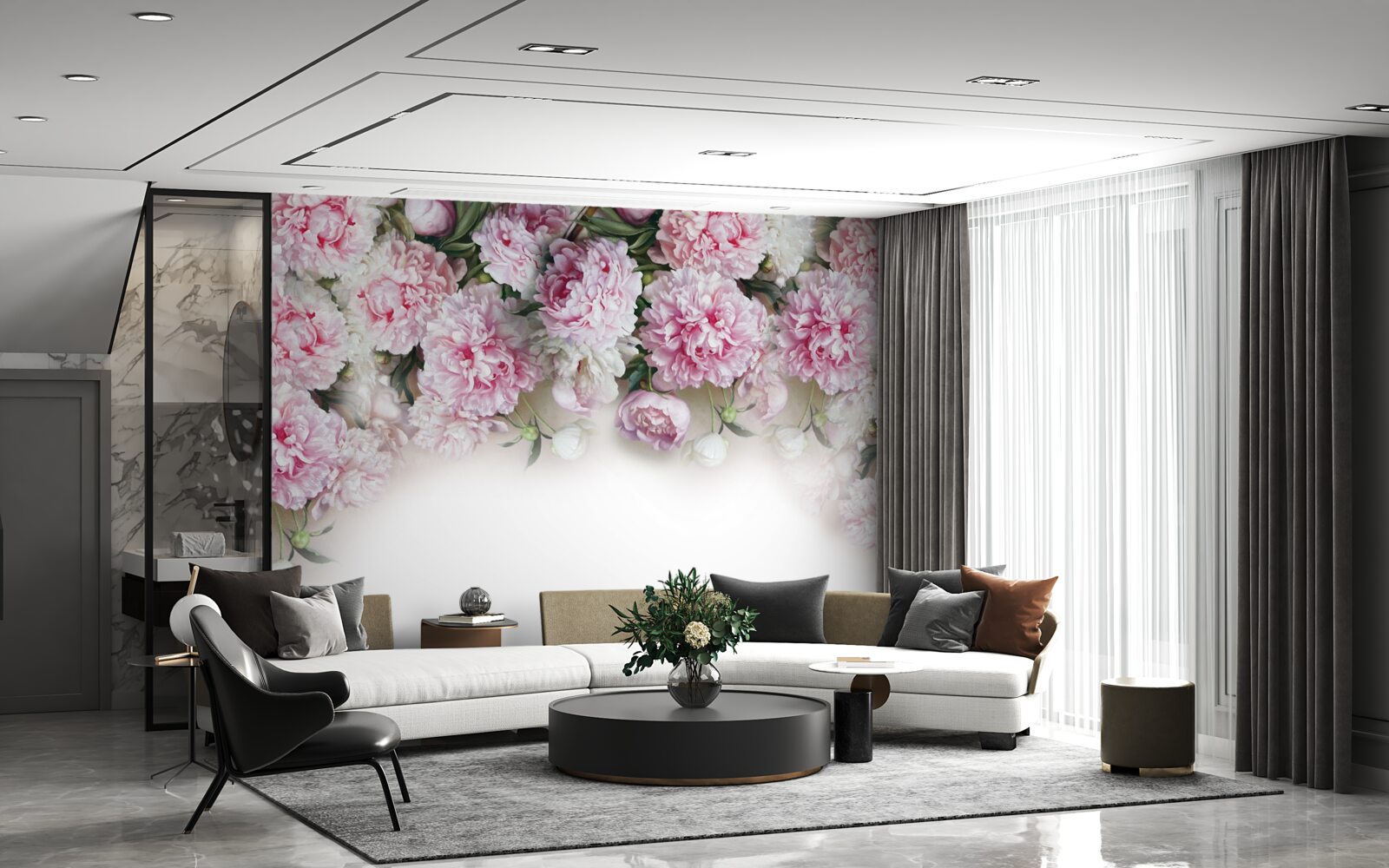 Fototapeta kvety bielej a ružovej farby, kaskádovito nadol