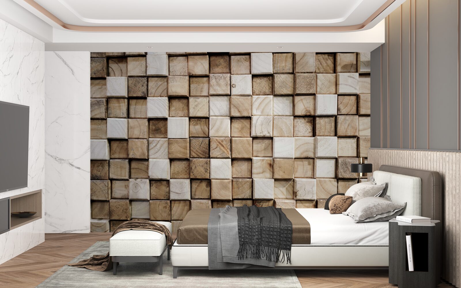 Fototapeta objemové štvorcové konštrukcie z bieleho dreva